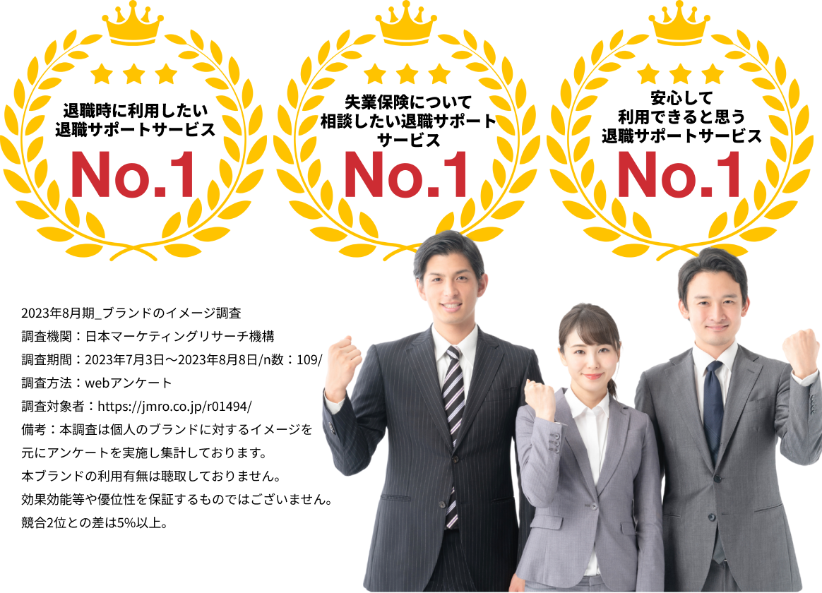 退職時に利用したい退職サポートサービスNo.1。失業保険について相談したい退職サポートサービスNo.1。安心して利用できると思う退職サポートサービスNo.1