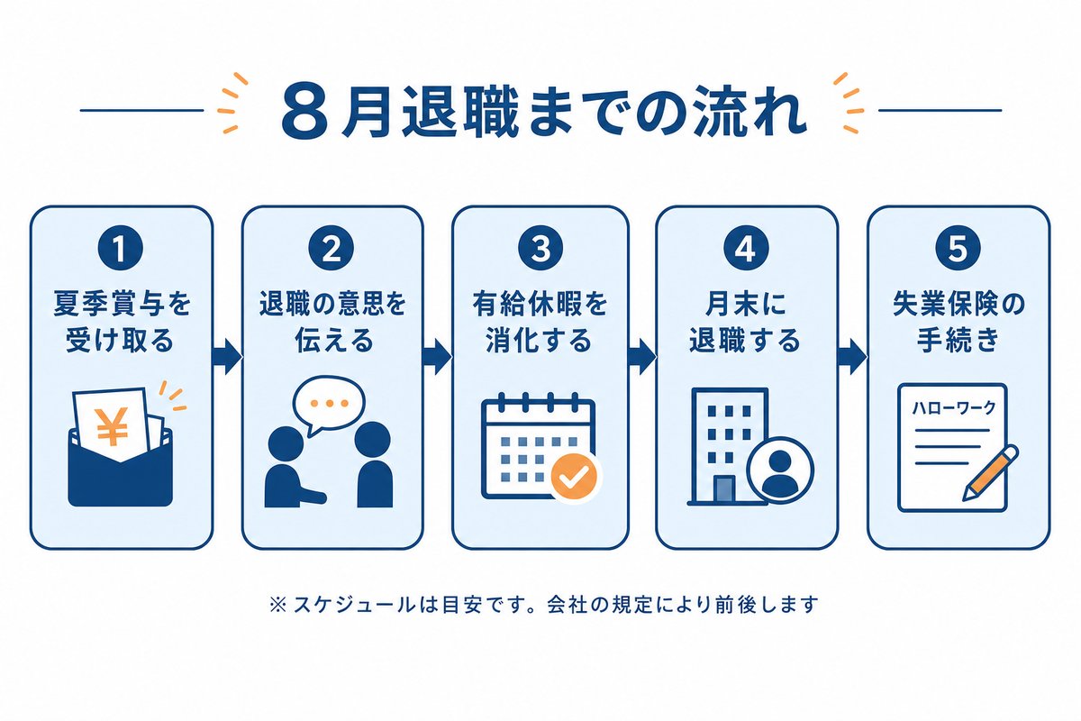 8月退職までの流れ。夏季賞与を受け取る、退職の意思を伝える、有給休暇を消化する、月末に退職する、失業保険の手続き