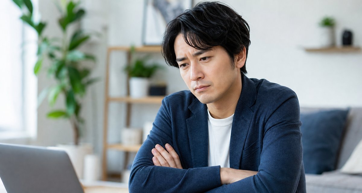30代の男性がデスクで一人、思い詰めた表情でため息をつきながら胸の前で腕を組んでいる
