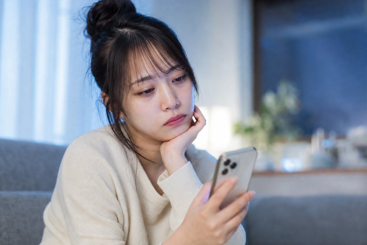 20代の女性が夜遅くの部屋で疲れた表情を浮かべ、目の下にクマを作りながらぼんやりとスマートフォンの画面を見つめている