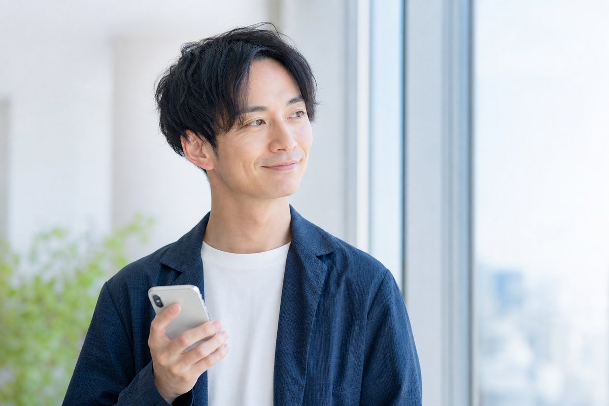 30代の男性が窓辺で穏やかな笑顔を浮かべ、肩の力を抜いてほっとした表情でスマートフォンを手にしている