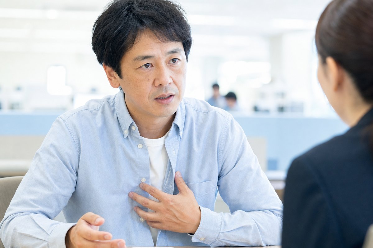 40代の男性がハローワークの窓口で職員に体調不良の事情を説明しながら、真剣な表情で話をしている