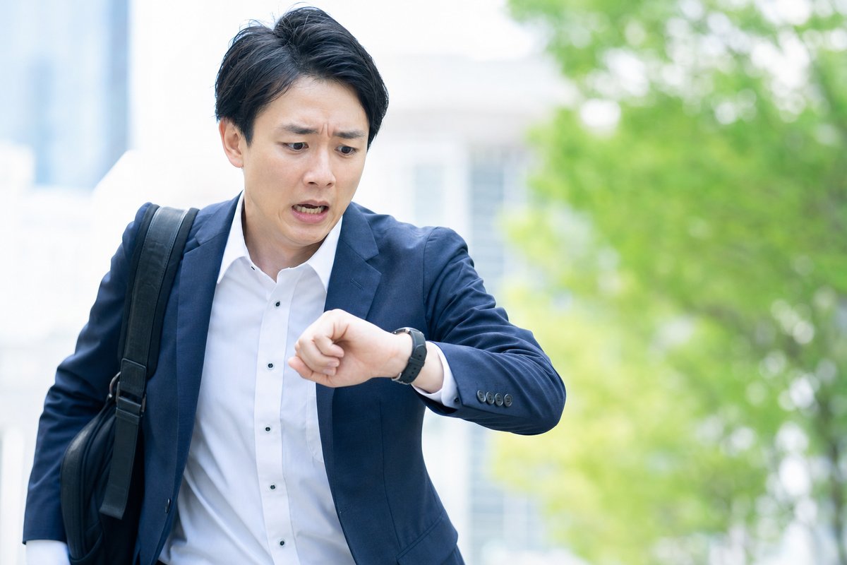 30代の男性が腕時計を確認しながら焦った表情でハローワークに向かって早足で歩いている