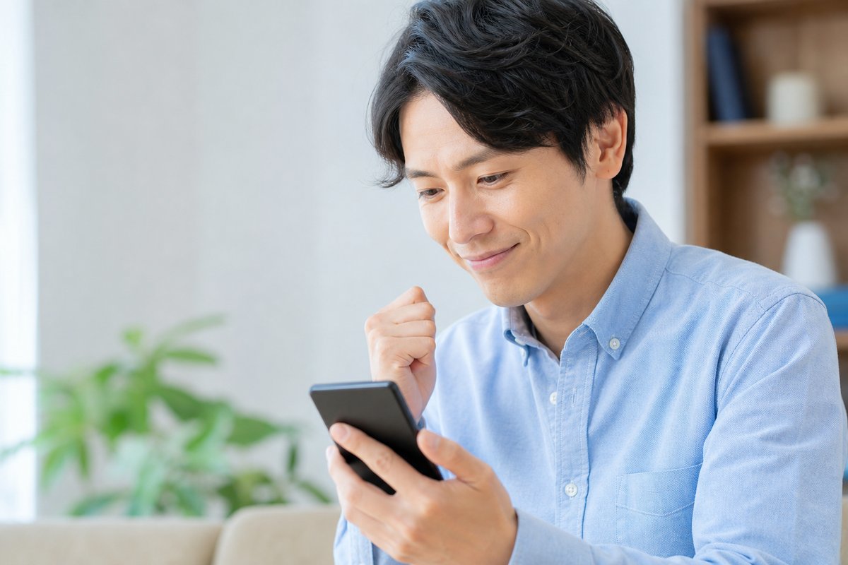 30代の男性がスマートフォンのカレンダーに次回認定日を登録し、安心した表情で軽くうなずいている