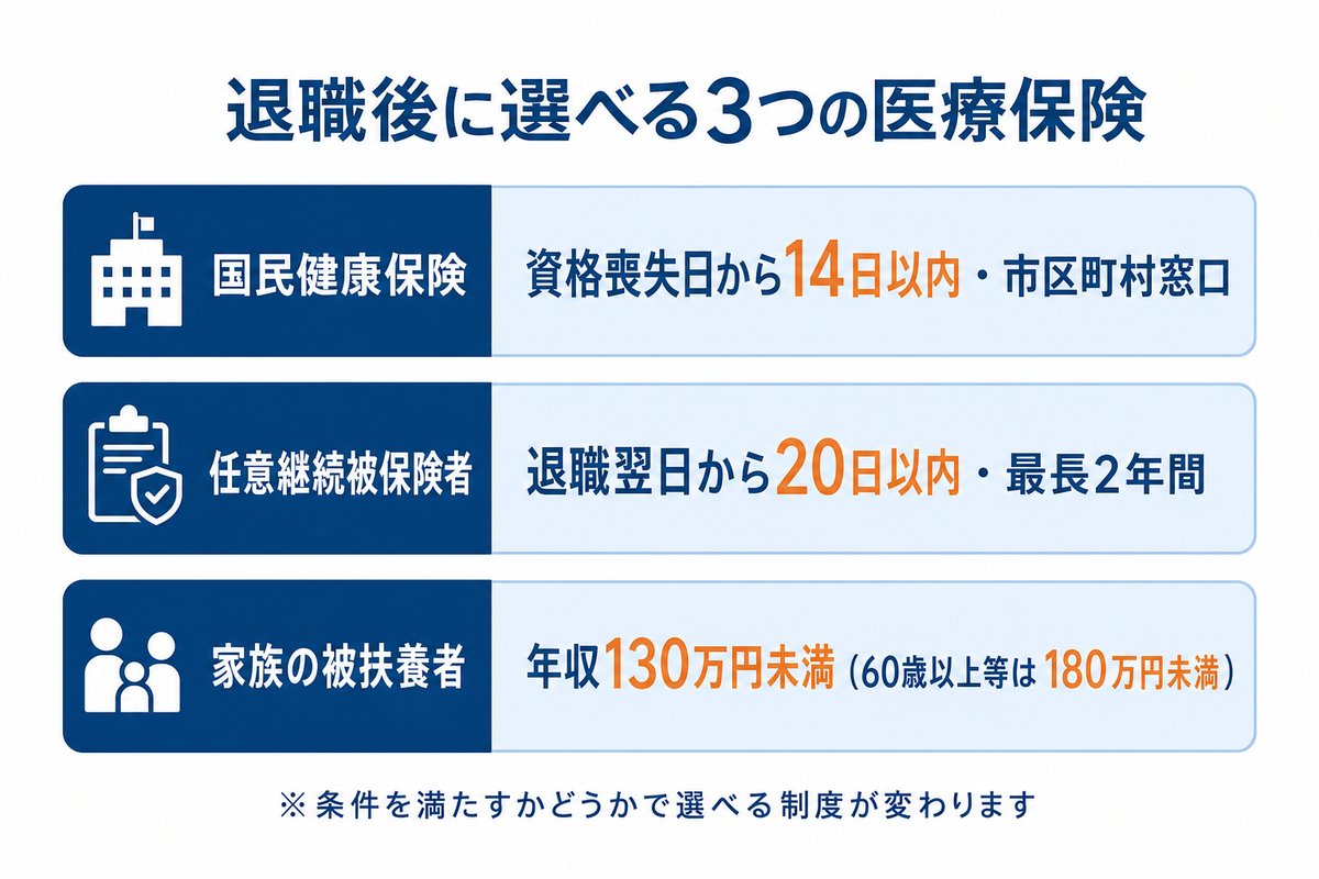退職後に選べる3つの医療保険。国民健康保険は資格喪失日から14日以内・市区町村窓口、任意継続被保険者は退職翌日から20日以内・最長2年間、家族の被扶養者は年収130万円未満(60歳以上等は180万円未満)