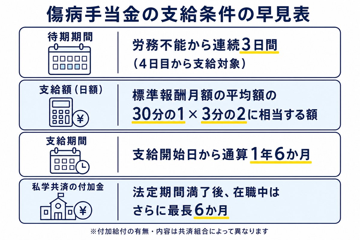 傷病手当金の支給条件の早見表。待期期間は労務不能から連続3日間（4日目から支給対象）、支給額（日額）は標準報酬月額の平均額の30分の1×3分の2に相当する額、支給期間は支給開始日から通算1年6か月、私学共済の付加金は法定期間満了後、在職中はさらに最長6か月