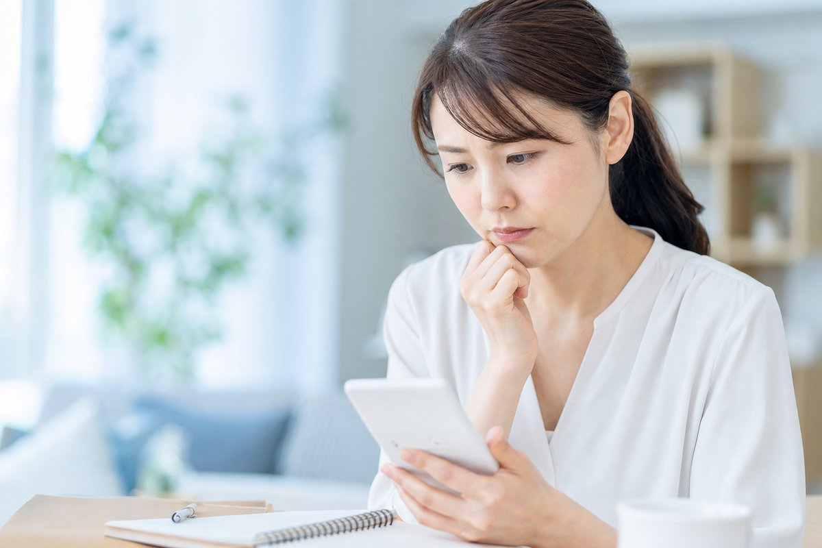 30代の女性が電卓とメモを見ながら、少し考え込むような表情で金額を計算している