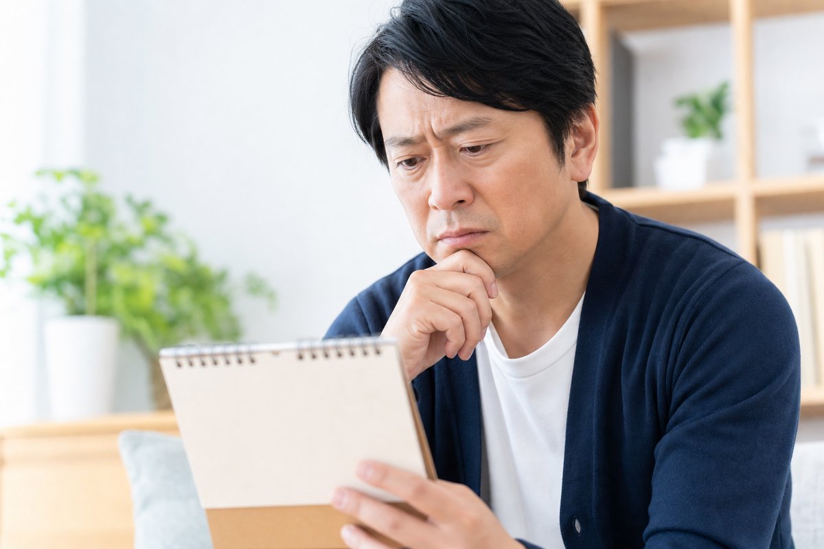40代の男性がカレンダーを見つめながら、退職後のことを心配するような不安げな表情をしている