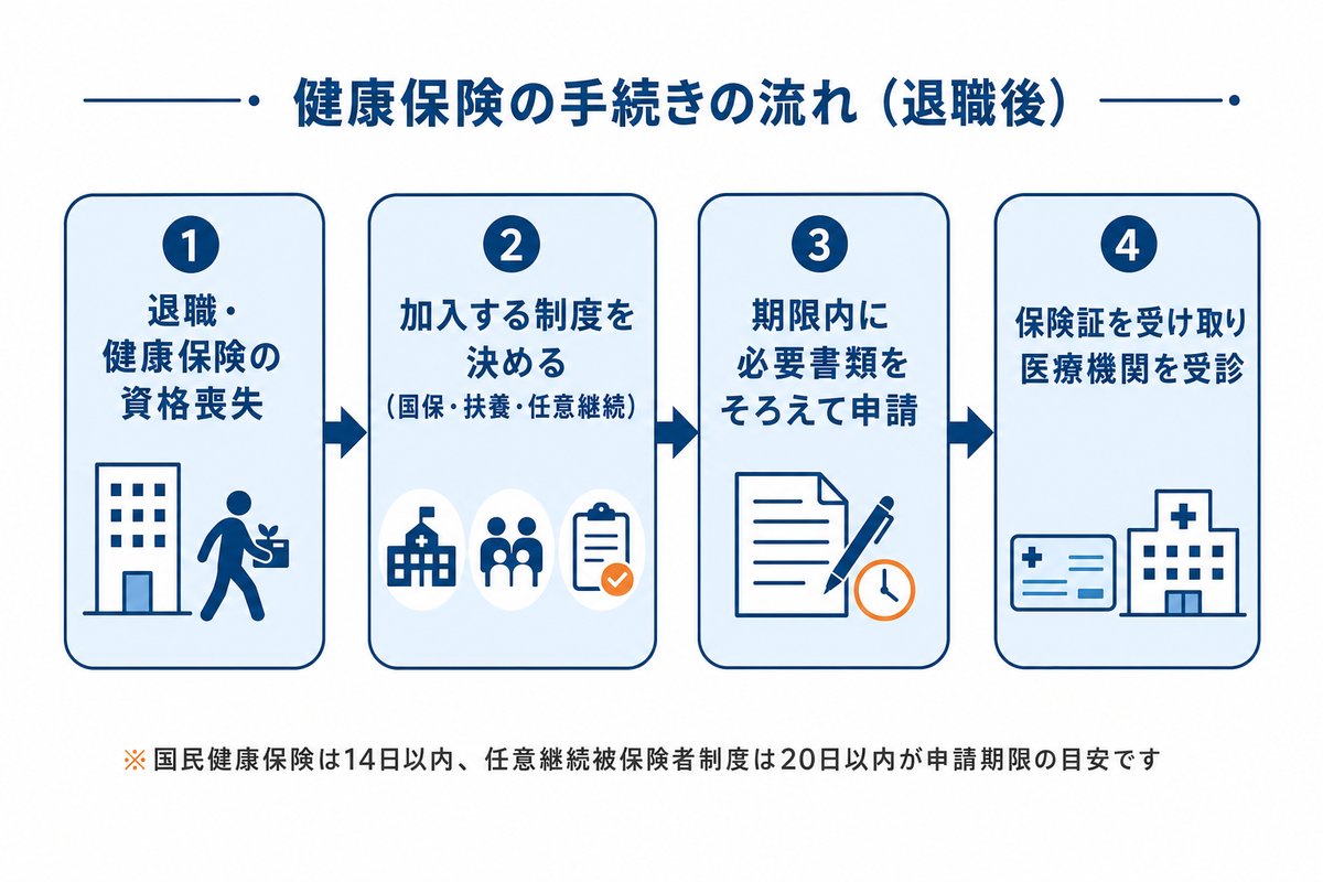 健康保険の手続きの流れ(退職後)。退職・健康保険の資格喪失、加入する制度を決める(国保・扶養・任意継続)、期限内に必要書類をそろえて申請、保険証を受け取り医療機関を受診