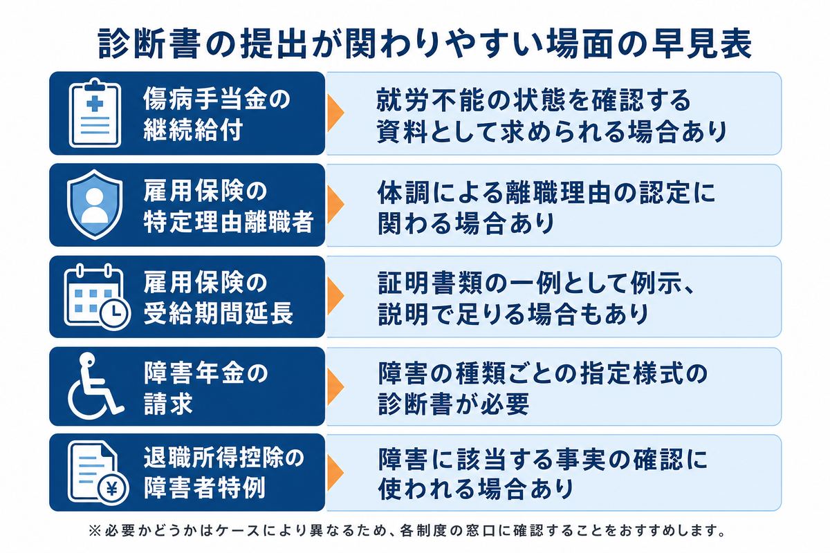 診断書の提出が関わりやすい場面の早見表。傷病手当金の継続給付は就労不能の状態を確認する資料として求められる場合あり、雇用保険の特定理由離職者は体調による離職理由の認定に関わる場合あり、雇用保険の受給期間延長は証明書類の一例として例示、説明で足りる場合もあり、障害年金の請求は障害の種類ごとの指定様式の診断書が必要、退職所得控除の障害者特例は障害に該当する事実の確認に使われる場合あり