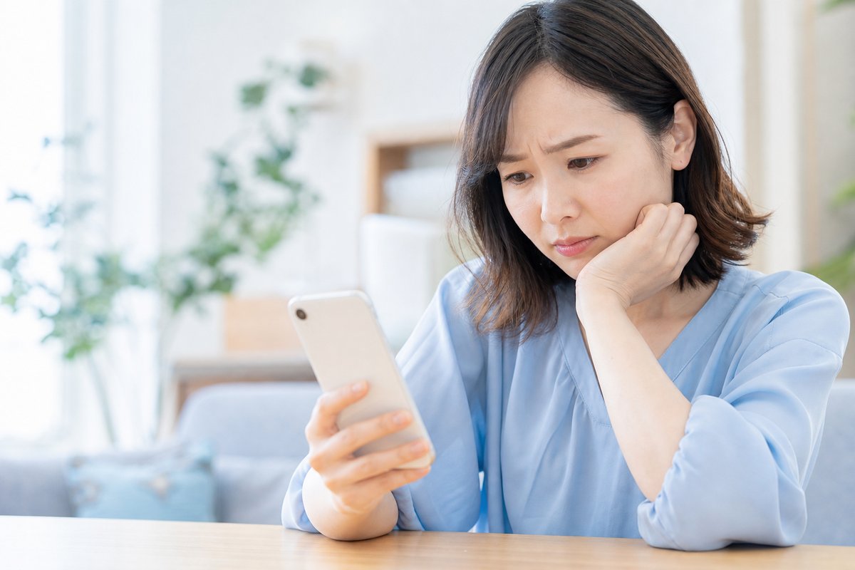 30代の女性が自宅のテーブルでスマートフォンを見ながら、眉を寄せて困った表情で退職時期について考え込んでいる