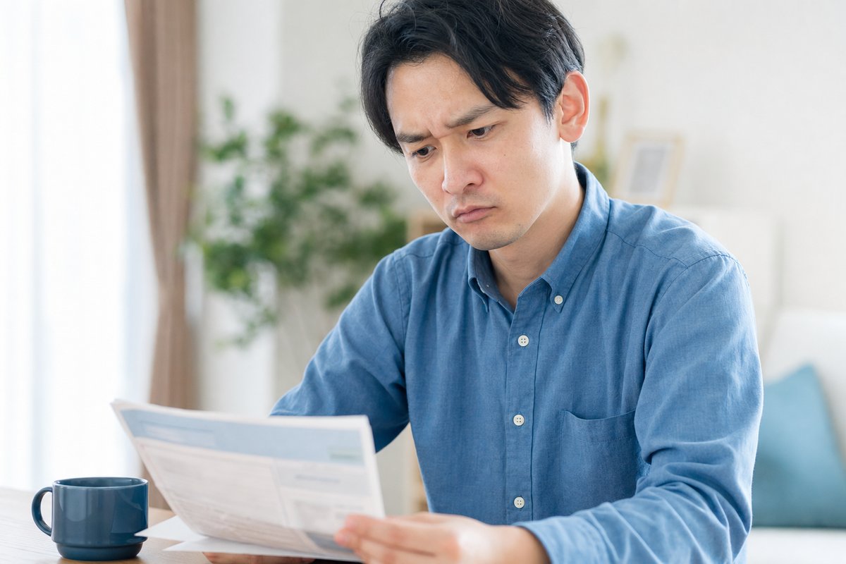 30代の男性が自宅の机で通知書らしき書類を手に取り、眉間にしわを寄せて真剣な表情で内容を確認している