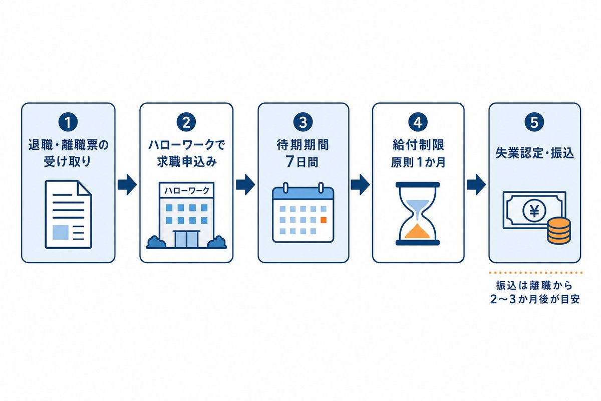 失業保険を受け取るまでの流れ。退職・離職票の受け取り→ハローワークで求職申込み→待期期間7日間→給付制限原則1か月→失業認定・振込