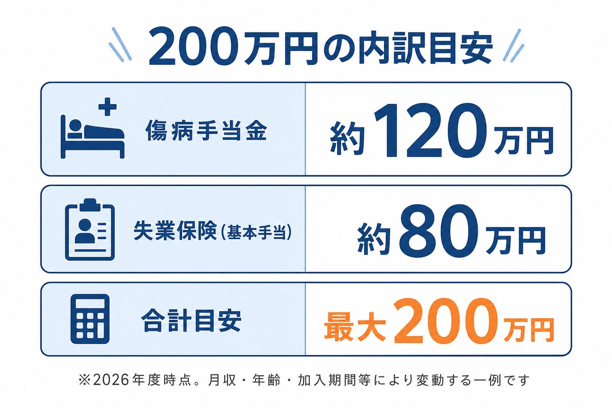 200万円の内訳目安。傷病手当金は約120万円、失業保険(基本手当)は約80万円、合計目安は最大200万円