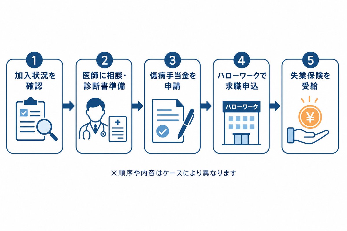 受給までの流れ。加入状況を確認、医師に相談・診断書準備、傷病手当金を申請、ハローワークで求職申込、失業保険を受給