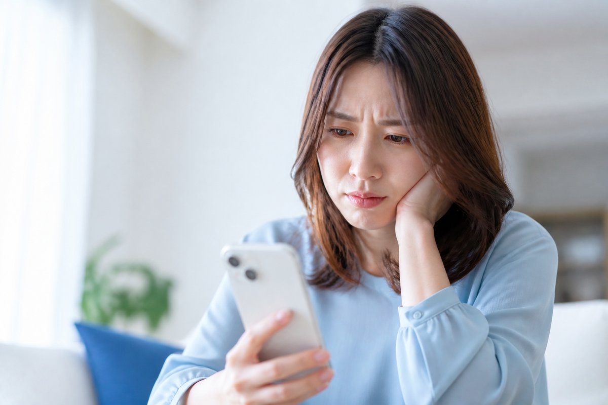 30代の女性が自宅のテーブルでスマートフォンを見ながら、眉を寄せて困った表情で調べものをしている
