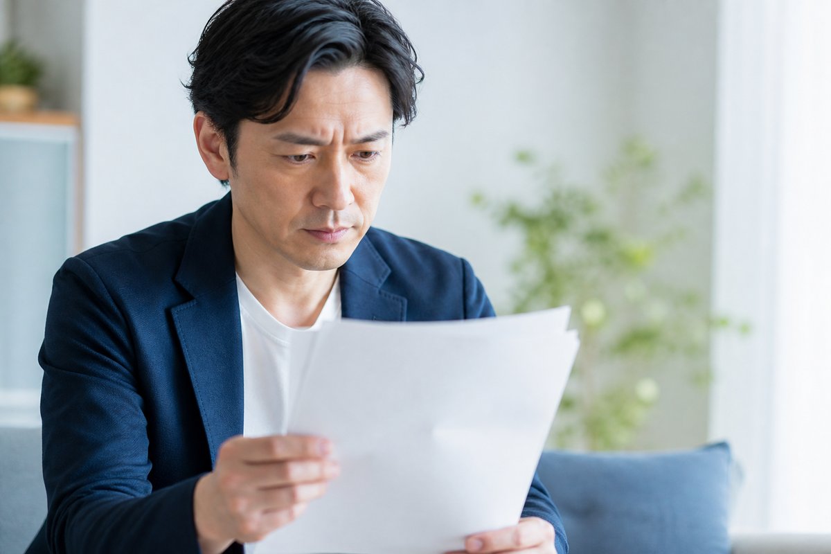 40代の男性が書類を手に持ち、真剣な表情でじっと文字を読み込んでいる