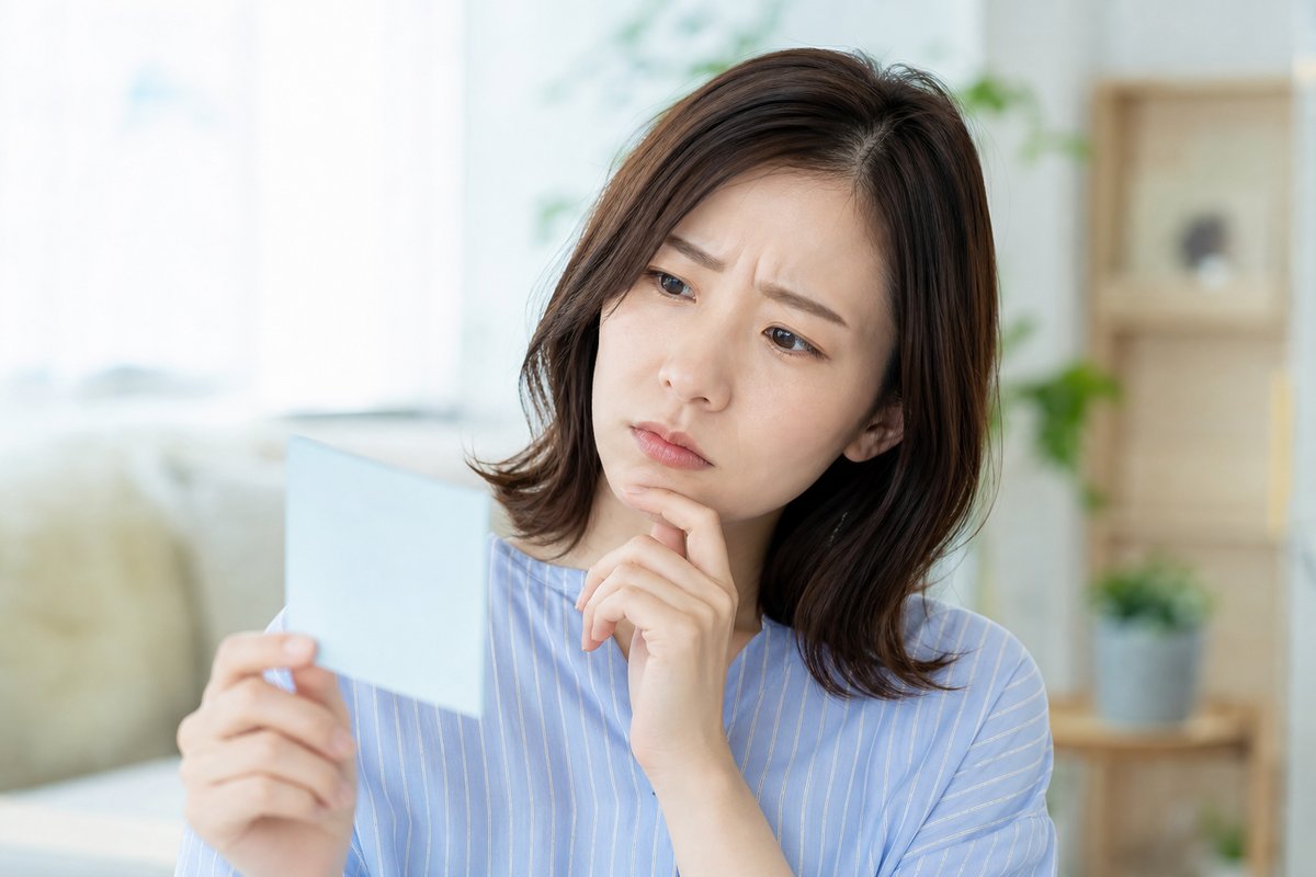30代の女性が退職日を書いたメモを見ながら、首をかしげて悩ましげな表情をしている