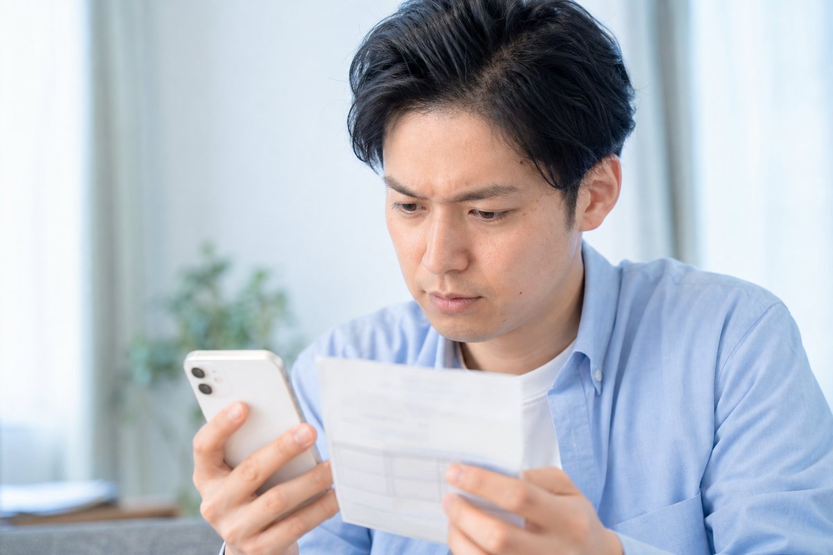 30代の男性が給与明細とスマートフォンを見比べながら、真剣な表情で計算をしている