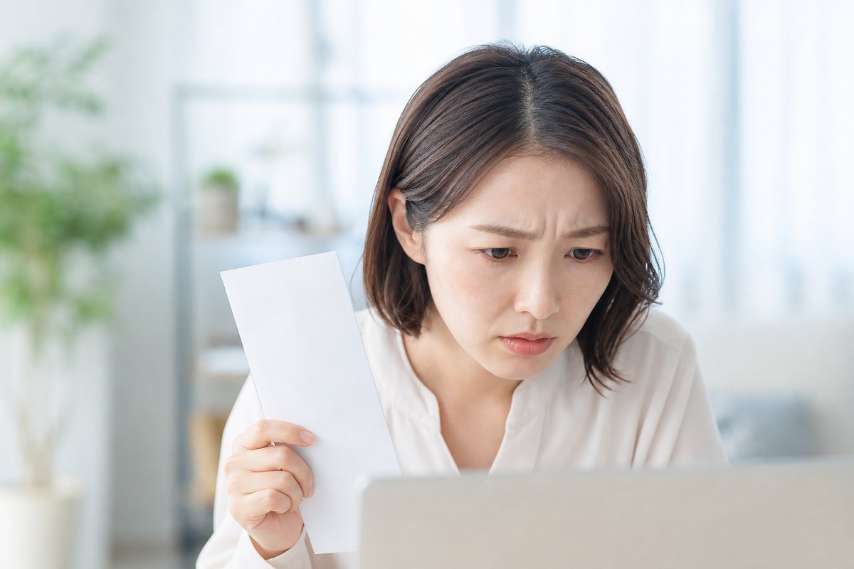 30代の女性が退職届を手に持ちながら、眉根を寄せて心配そうな表情でパソコン画面を見つめている