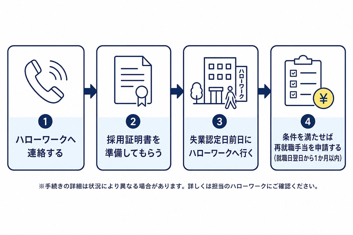 就職が決まってからの手続きの流れ。ハローワークへ連絡する、採用証明書を準備してもらう、失業認定日前日にハローワークへ行く、条件を満たせば再就職手当を申請する(就職日翌日から1か月以内)