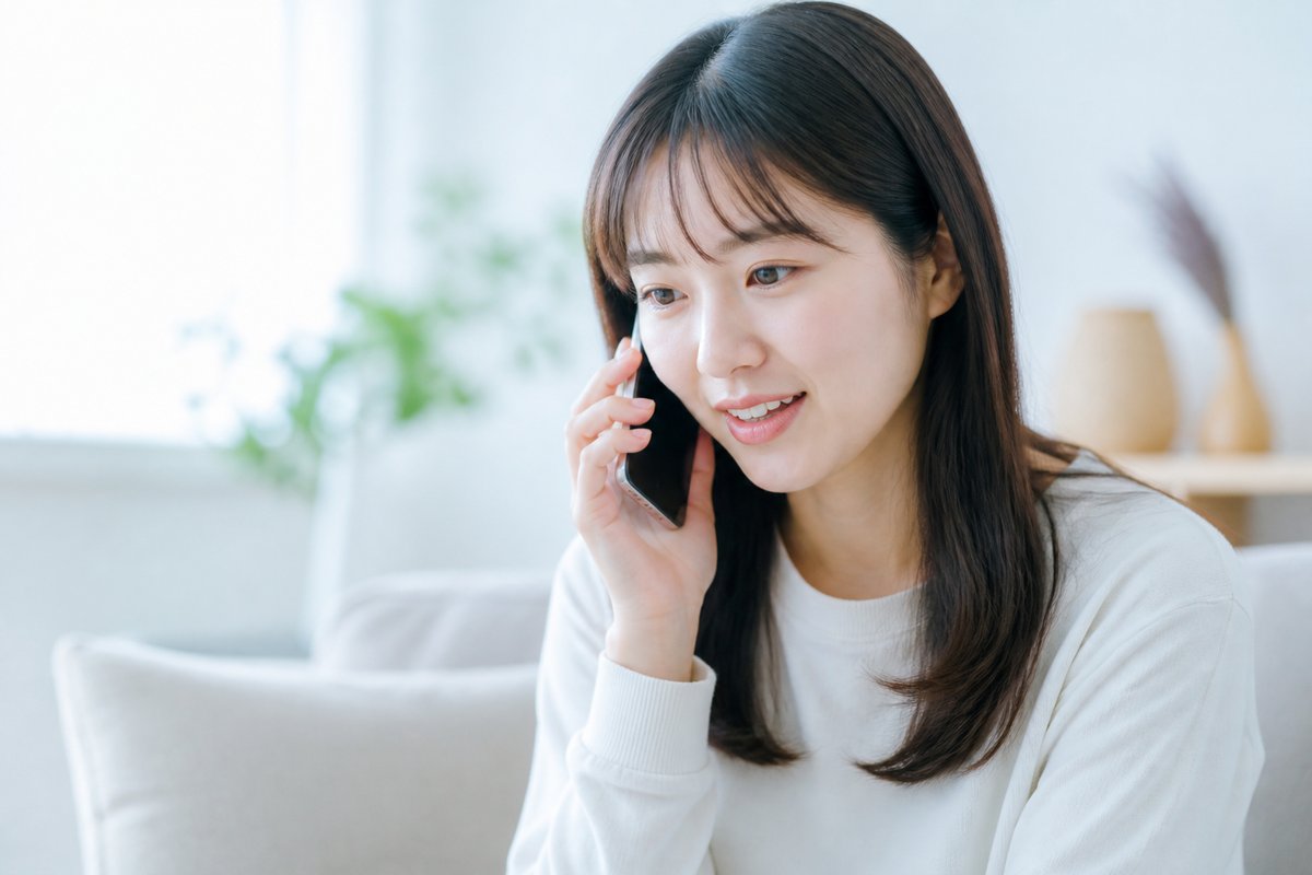20代の女性が自宅でスマートフォンを片手に、少し緊張しながらもほっとした表情でハローワークへ電話をかけている