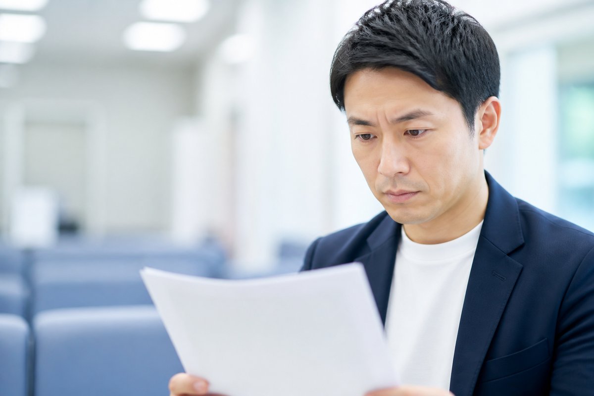 30代の男性がハローワークの待合スペースで書類を確認しながら、真剣な表情で内容をチェックしている