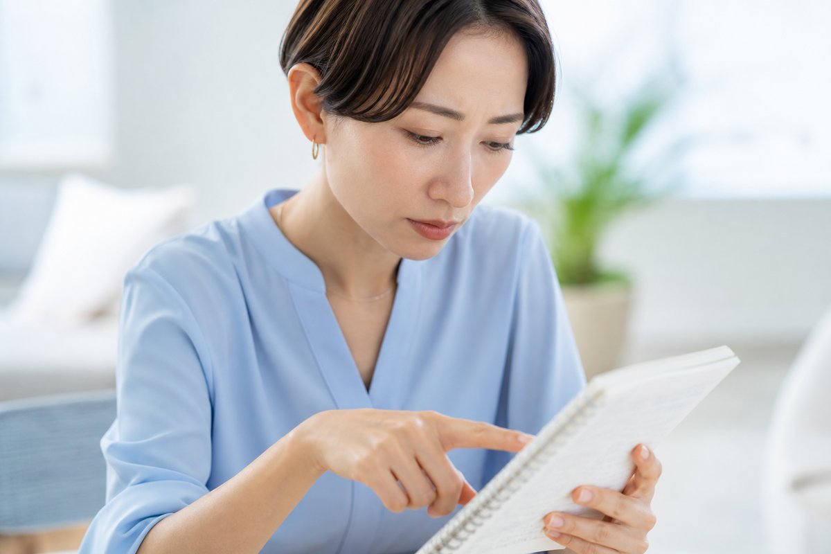 30代の女性がノートに書かれた条件リストを指でなぞりながら、真剣な表情で一つひとつ確認している