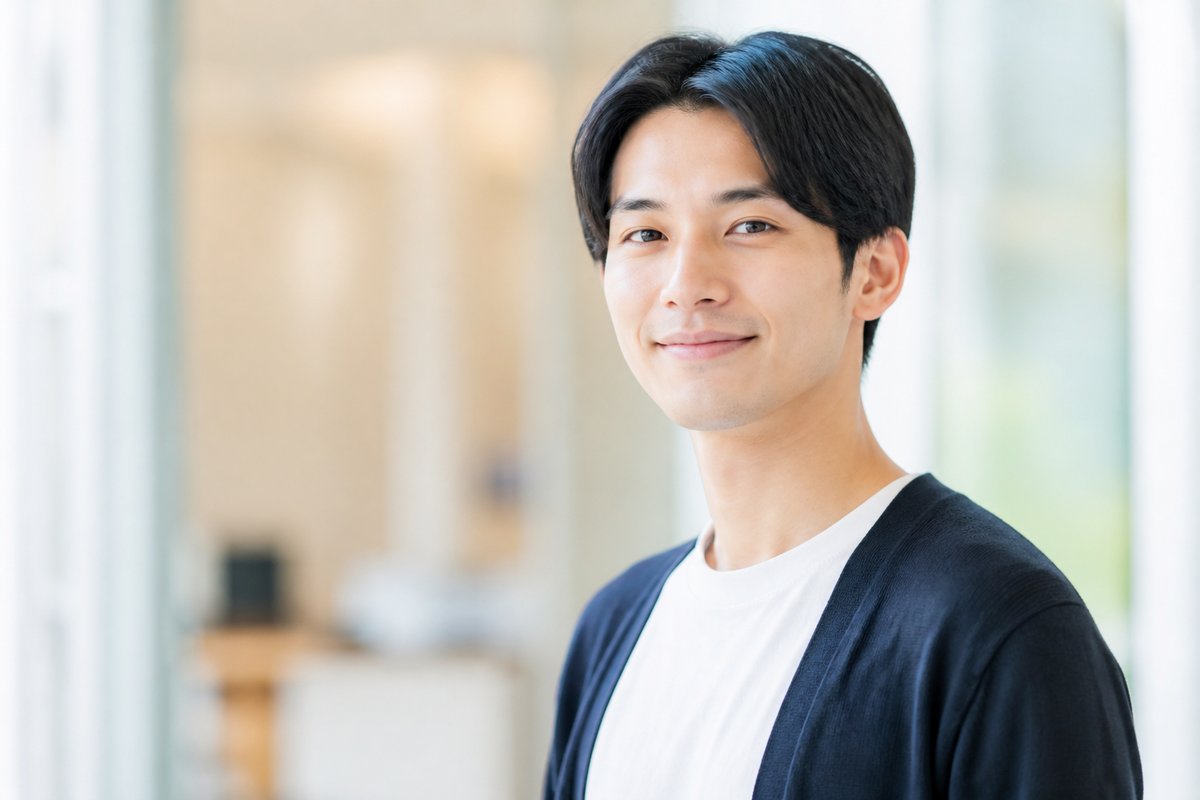 20代の男性が窓口での手続きを終え、安心した表情で軽く微笑んでいる