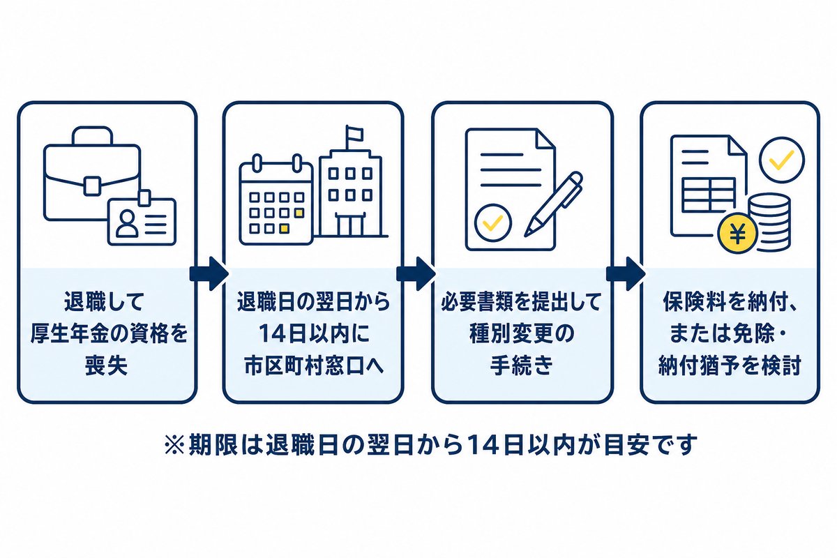 退職後の国民年金切り替えの流れ。退職して厚生年金の資格を喪失、退職日の翌日から14日以内に市区町村窓口へ、必要書類を提出して種別変更の手続き、保険料を納付、または免除・納付猶予を検討
