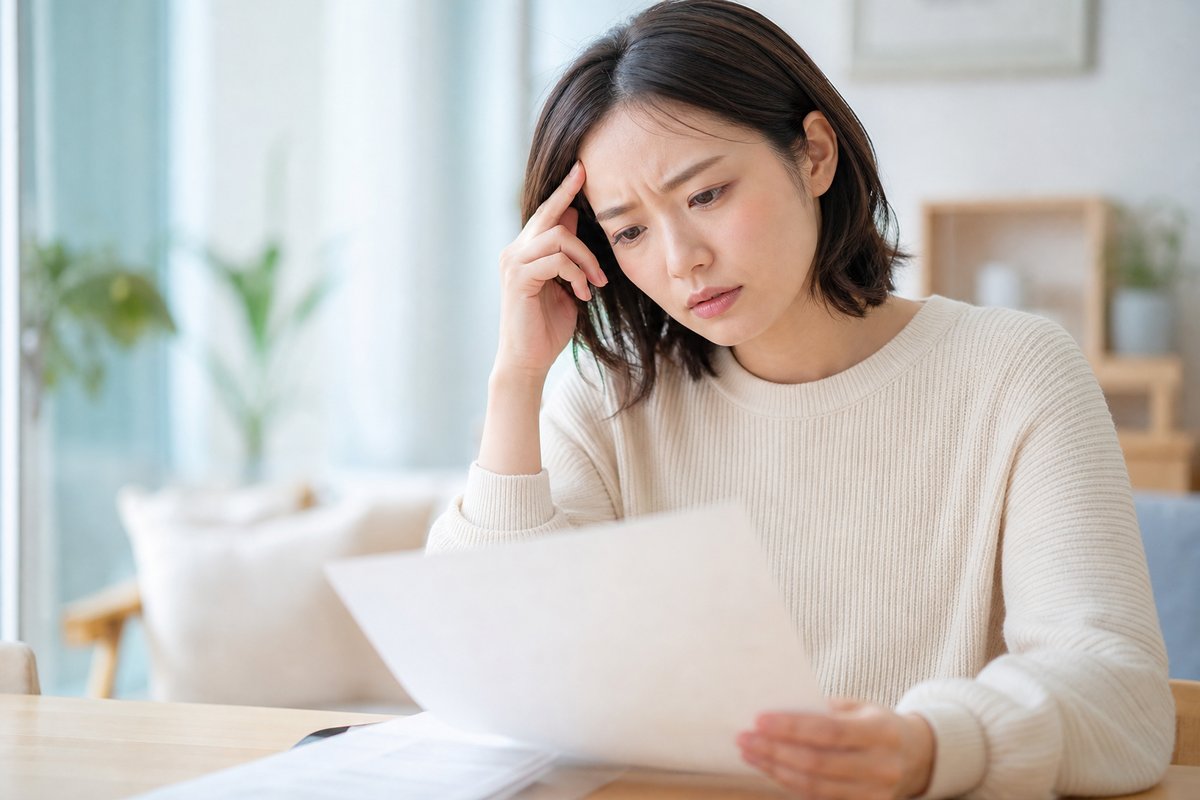 30代の女性が自宅のテーブルで書類を前に、眉を寄せて困った表情で考え込んでいる