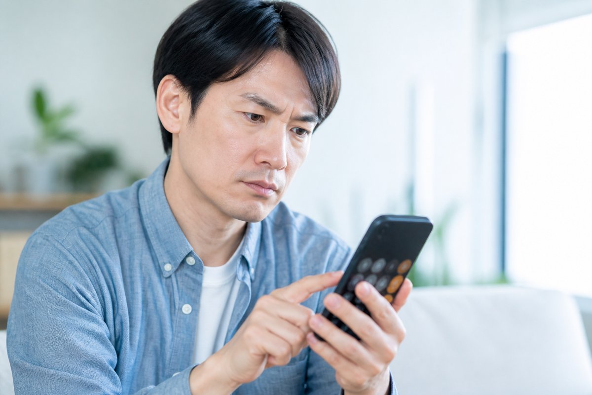 30代の男性がスマートフォンの電卓アプリを見ながら、真剣な表情で計算している