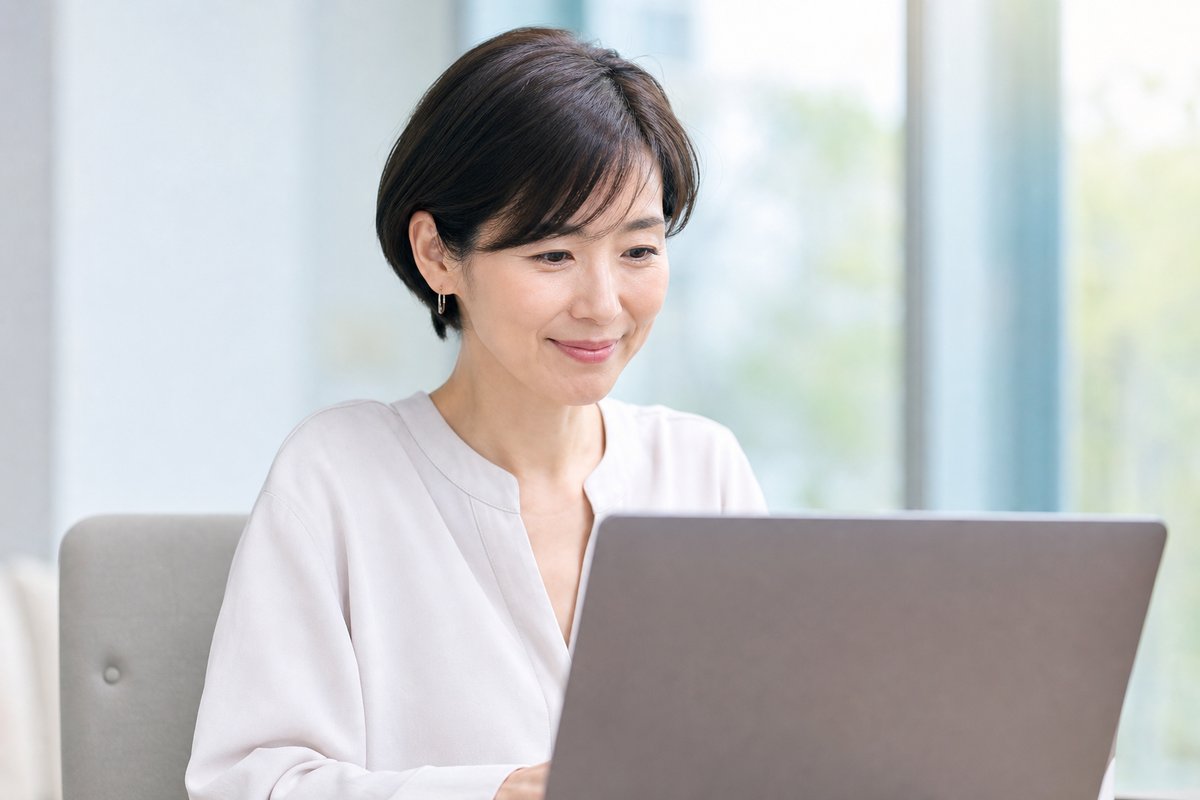 40代の女性がノートパソコンの画面を見ながら、少し安心した表情でうなずいている