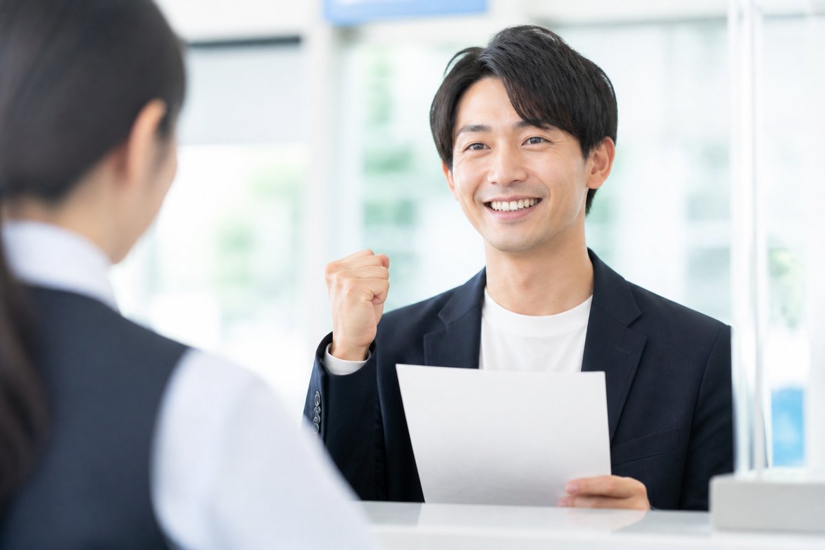 30代の男性が窓口で受け取った書類を手に、笑顔で軽くガッツポーズをしている