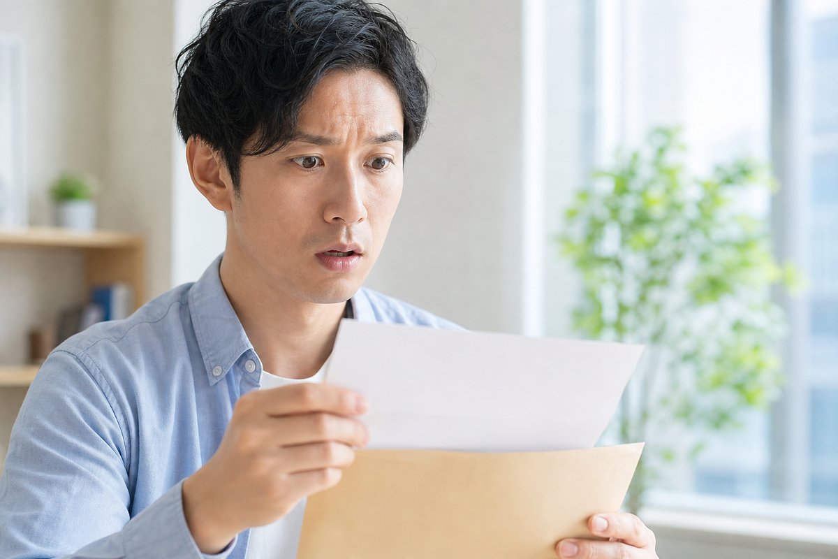 30代の男性が郵便物の封筒を手に持ち、驚いたような不安げな表情で書類を見つめている