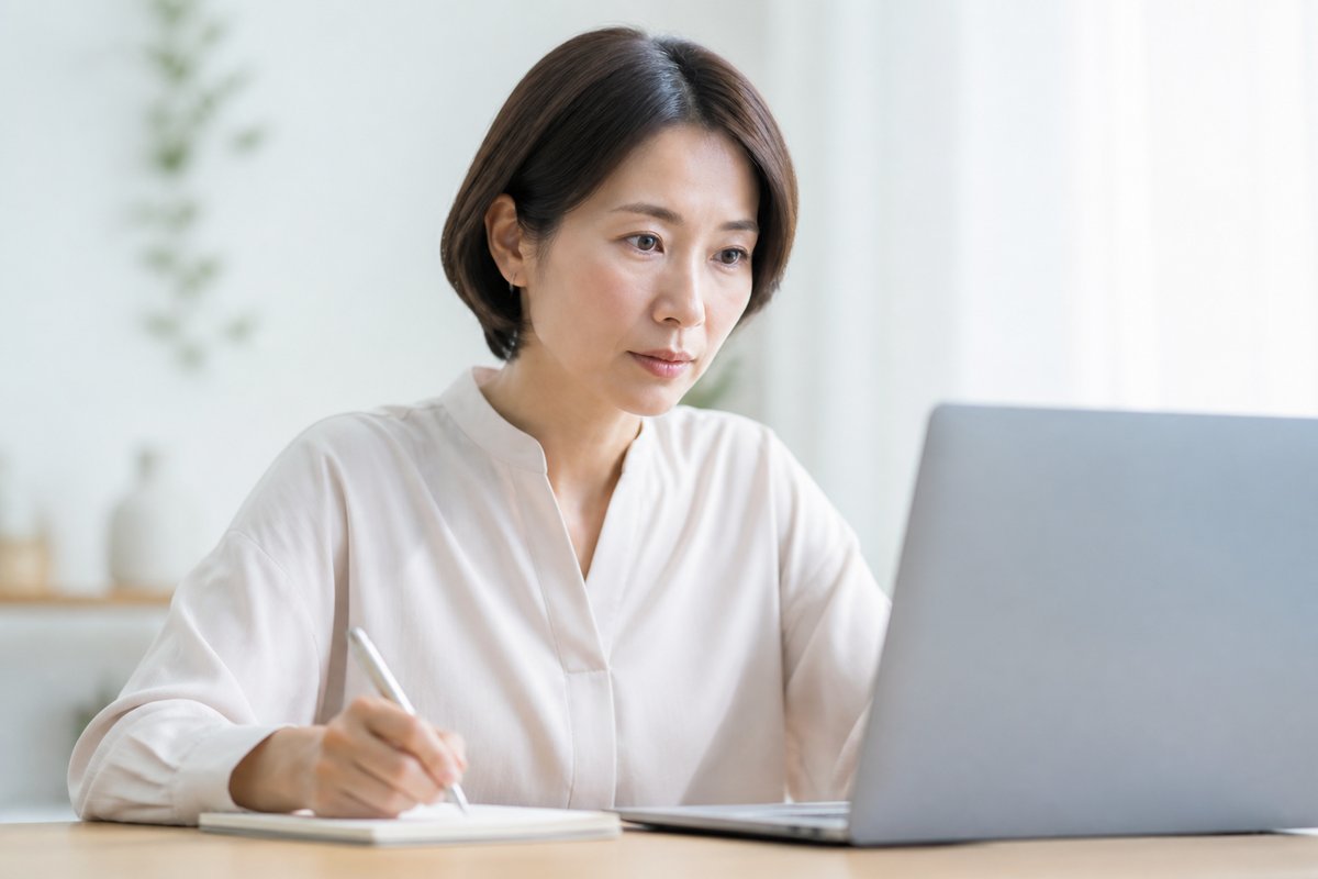 40代の女性がノートパソコンの画面を見ながら、真剣な表情でメモを取っている