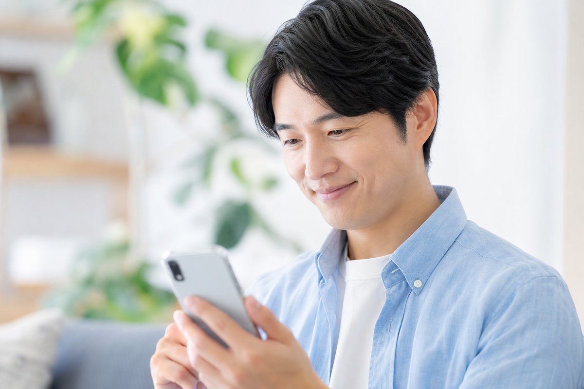 30代の男性がスマートフォンの画面を見て、安心した表情で軽く微笑んでいる