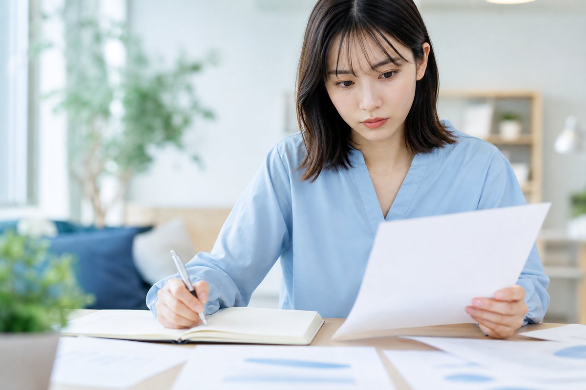 20代の女性がデスクでノートに退職の条件を書き出しながら、真剣な表情で資料を見比べている