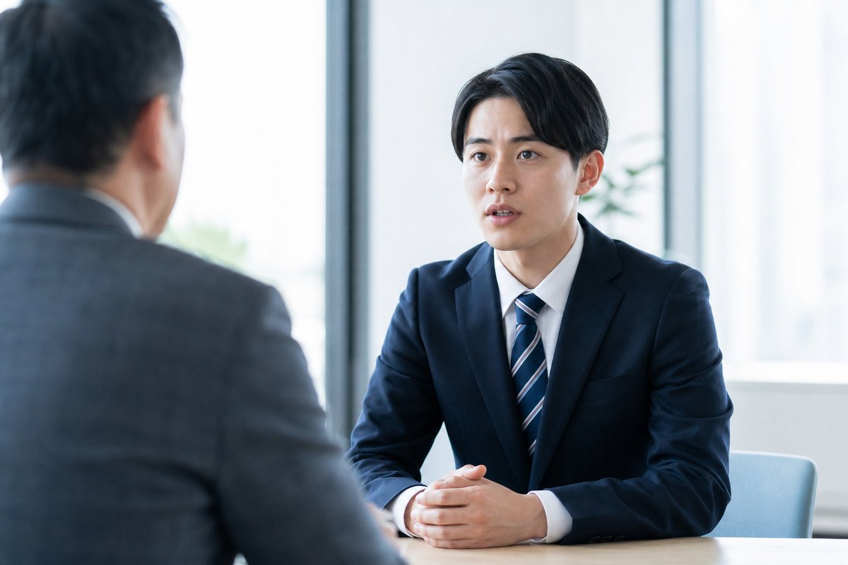 20代の男性が上司に向き合い、緊張しながらも真剣な表情で退職の意思をはっきりと伝えている