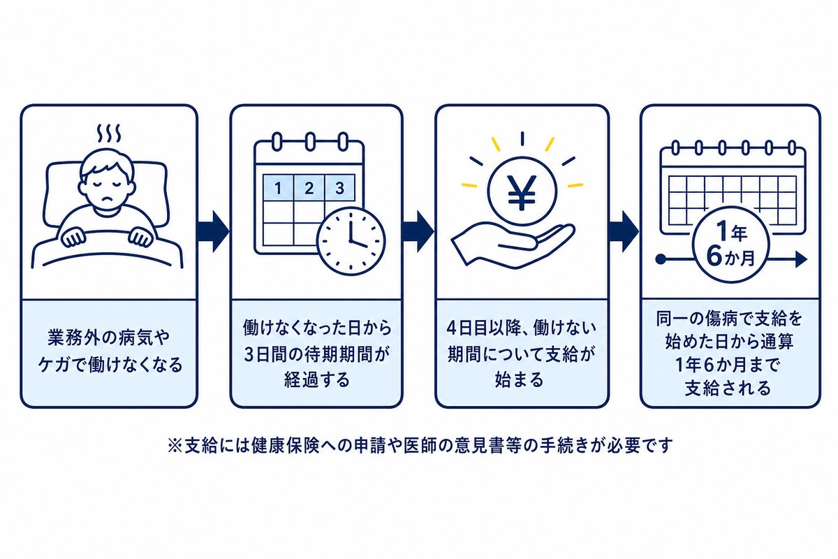 傷病手当金を受け取るまでの流れ。業務外の病気やケガで働けなくなる、働けなくなった日から3日間の待期期間が経過する、4日目以降、働けない期間について支給が始まる、同一の傷病で支給を始めた日から通算1年6か月まで支給される