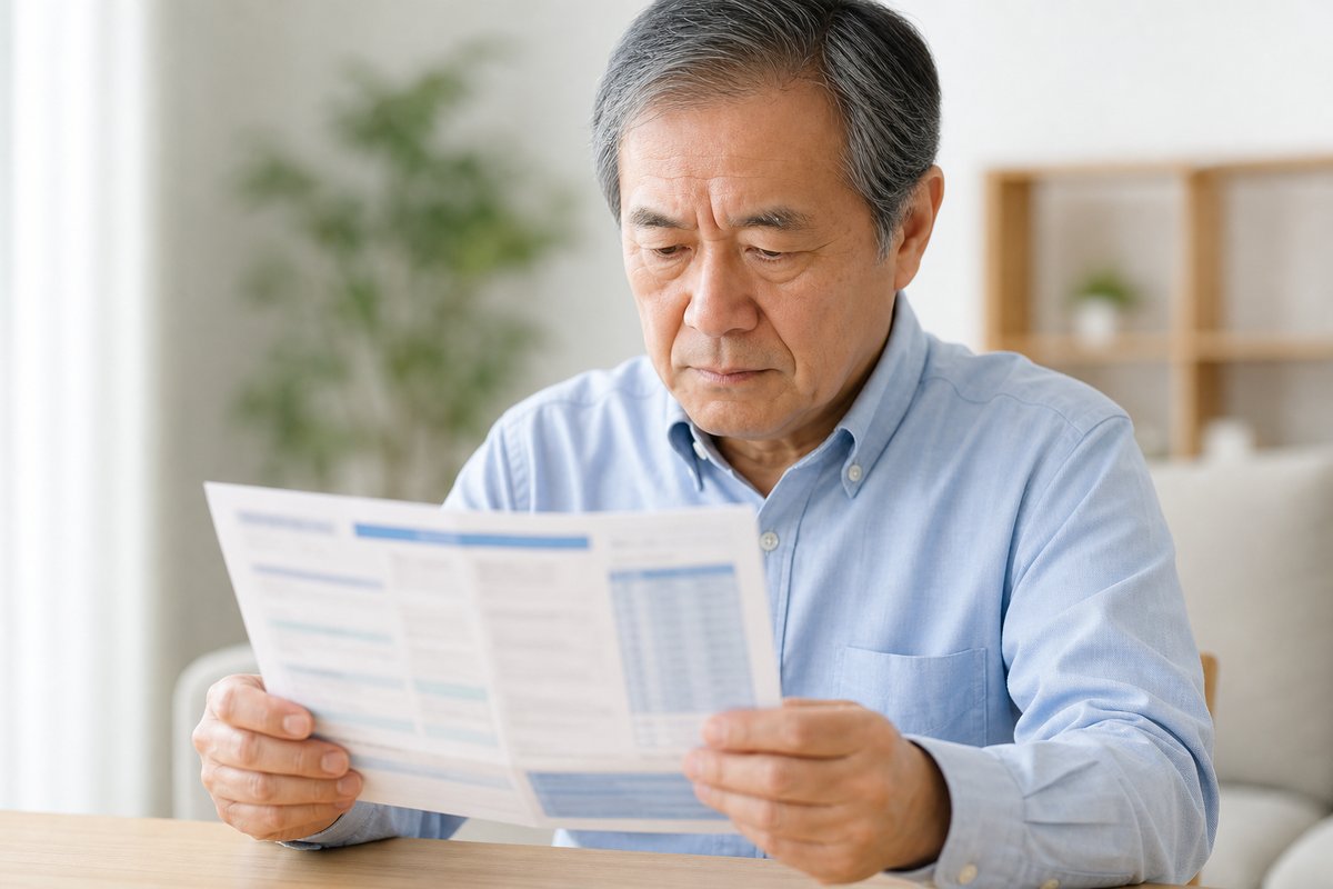 60代の男性がデスクで年金の通知書を手に取り、真剣な表情でじっくり確認している