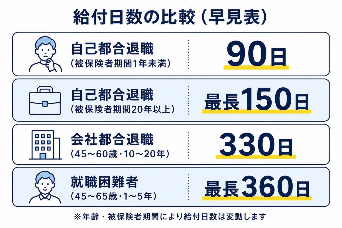 給付日数の比較(早見表)。自己都合退職(被保険者期間1年未満)は90日、自己都合退職(被保険者期間20年以上)は最長150日、会社都合退職(45〜60歳・10〜20年)は330日、就職困難者(45〜65歳・1〜5年)は最長360日