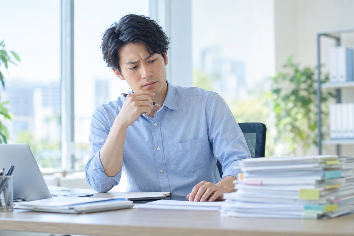 30代の男性がオフィスのデスクで書類の束を前に、眉を寄せて何から手をつけるか迷った表情で考え込んでいる