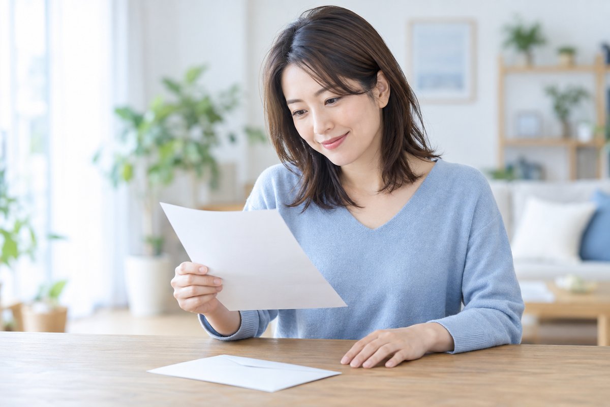30代の女性が自宅のテーブルで届いた封筒を開け、中の書類を確認しながら少し安心した表情を見せている