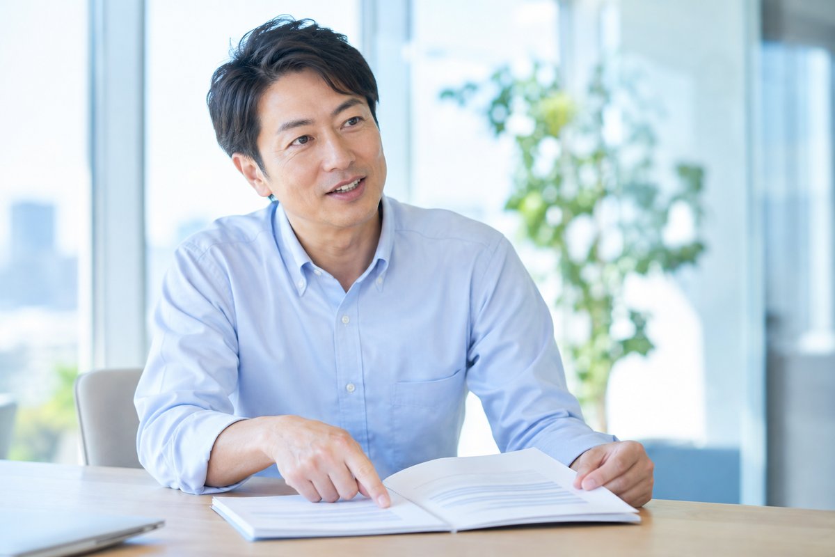 40代の男性が会議スペースで後任者に引き継ぎ書を指さしながら説明し、相手がうなずいている