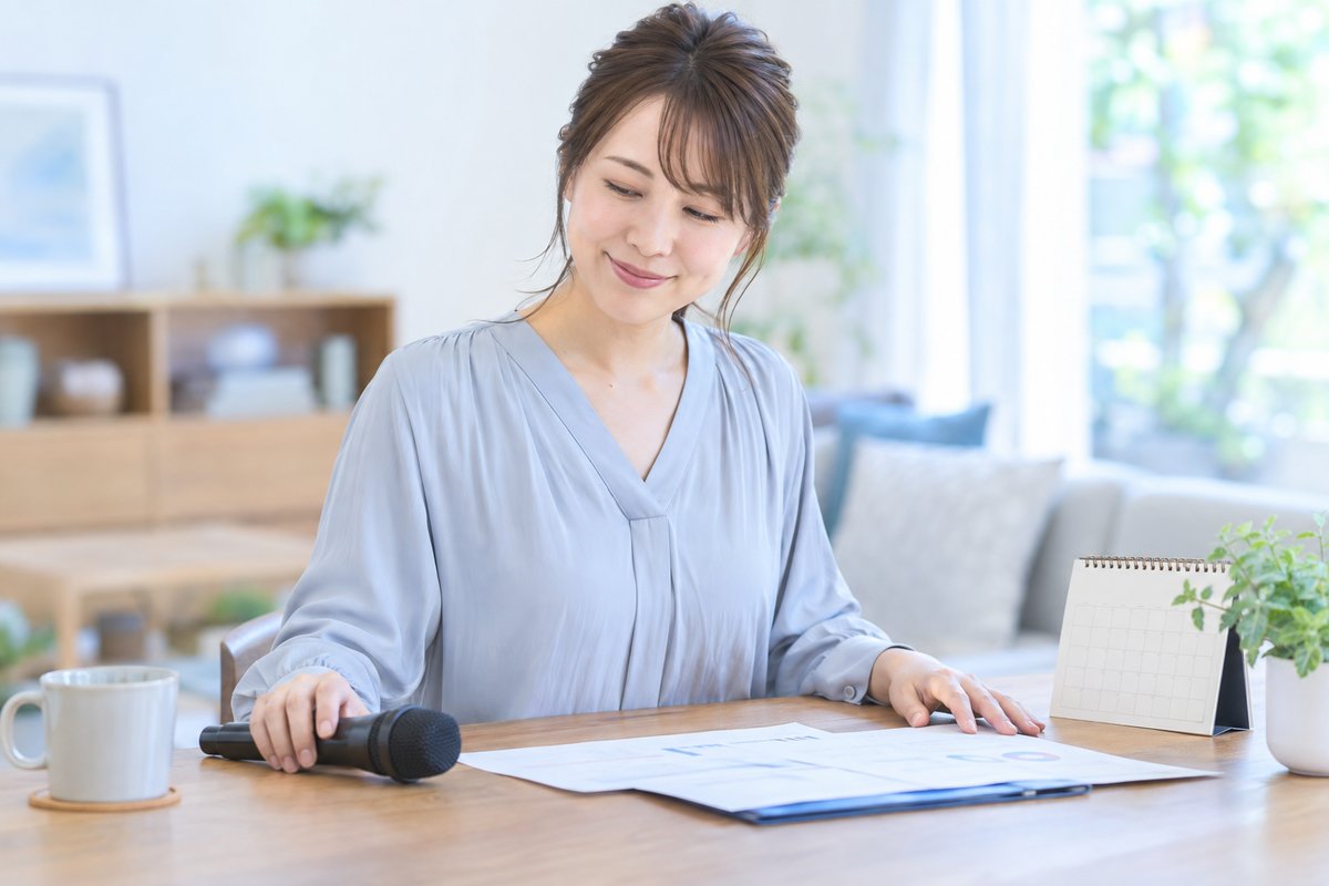 30代の女性がカレンダーと書類を見比べながら、確認できたという表情で穏やかに microphone を置いている