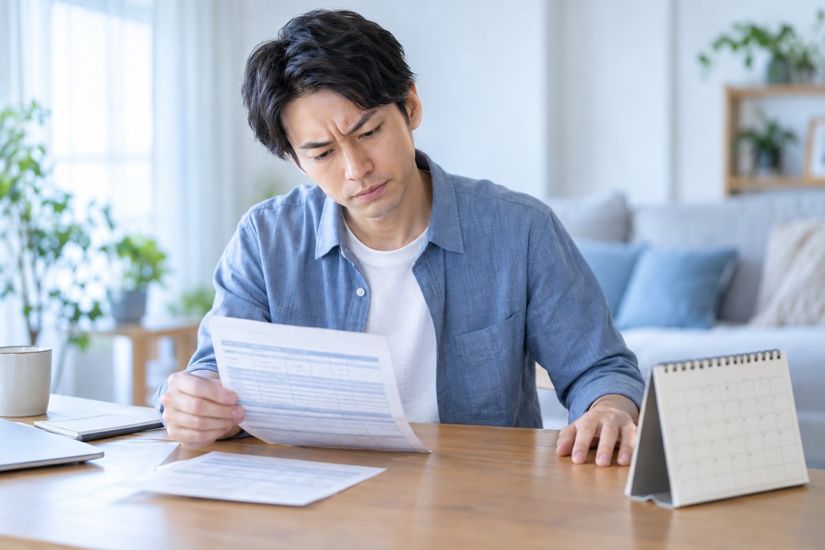 30代の男性が自宅のリビングで給与明細とカレンダーを見比べながら、眉を寄せて困った表情で考え込んでいる