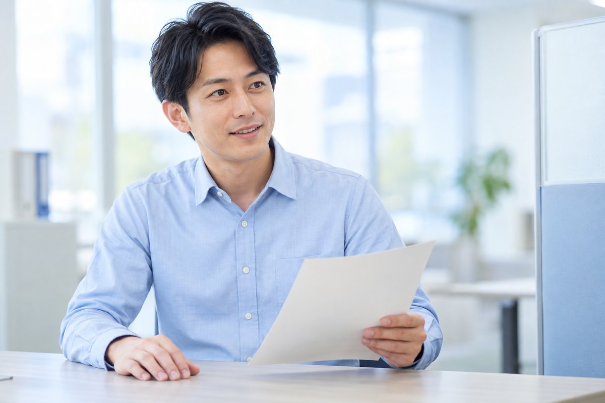 30代の男性がハローワークの窓口で担当者から説明を受けながら、書類を手にして納得した表情でうなずいている