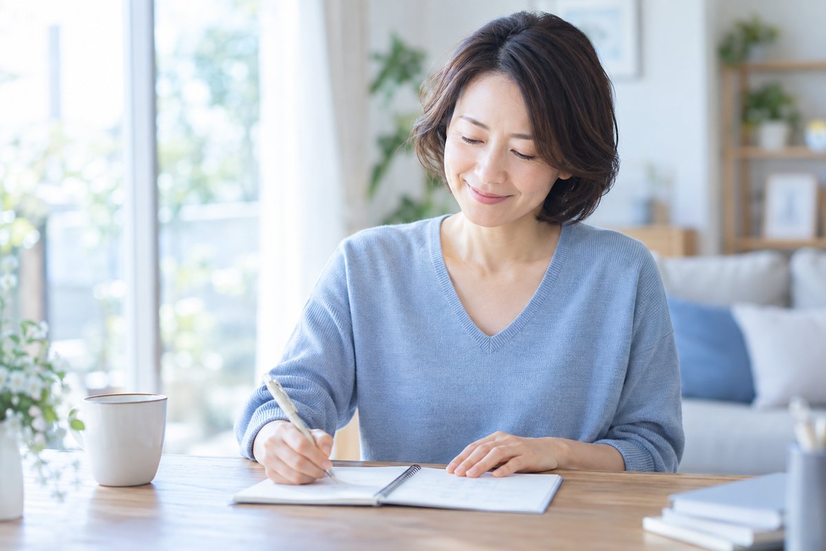 40代の女性が自宅のテーブルでノートに手続きの予定を書き込み、肩の力が抜けた安心した表情で微笑んでいる