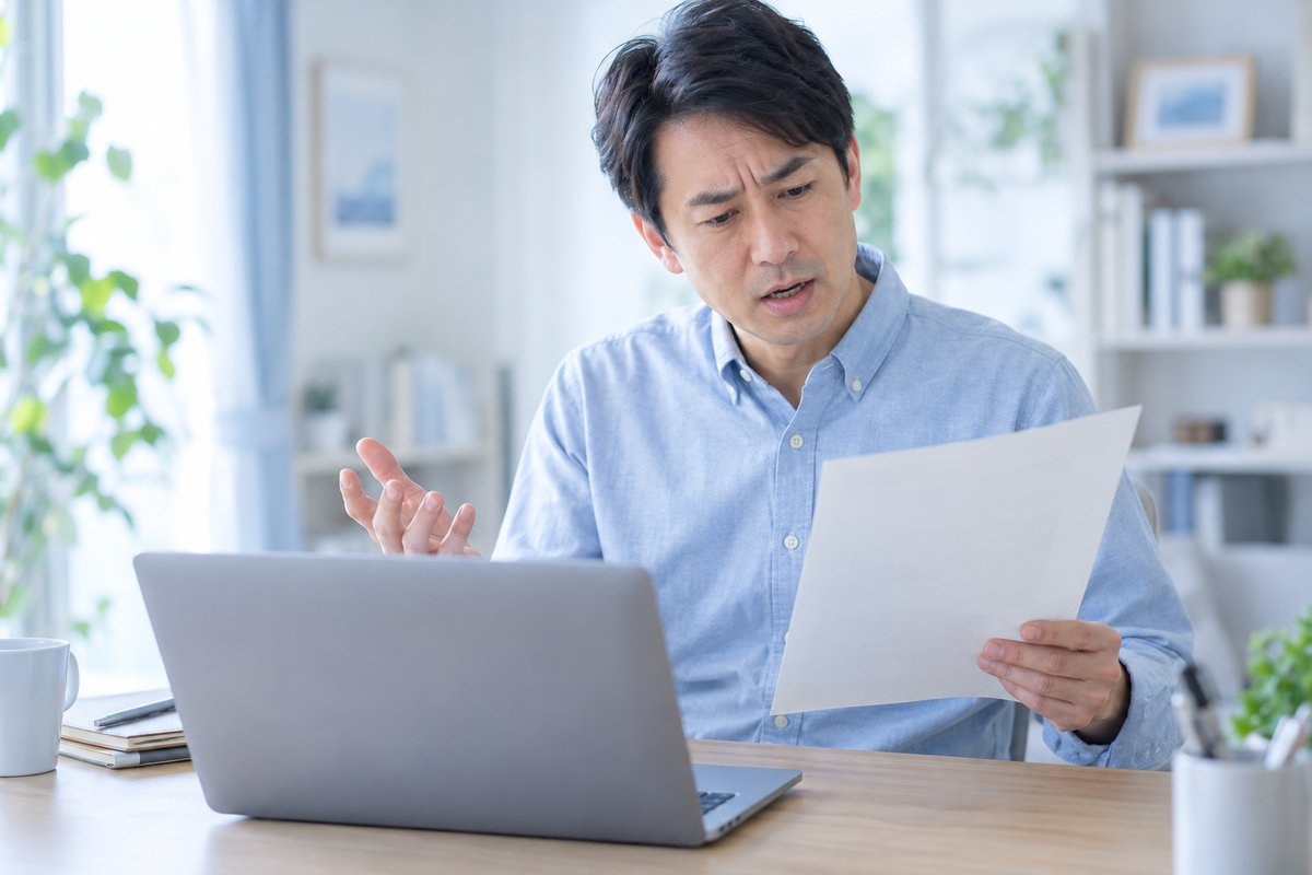 40代の男性が自室の机でノートパソコンの画面越しに医師と話しながら、戸惑った表情で手元の書類を確認している